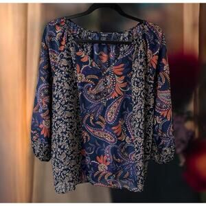 Chaps Boho Tunic Top Blue Paisley Mixed Pattern Peasant Semi Sheer Size 1X